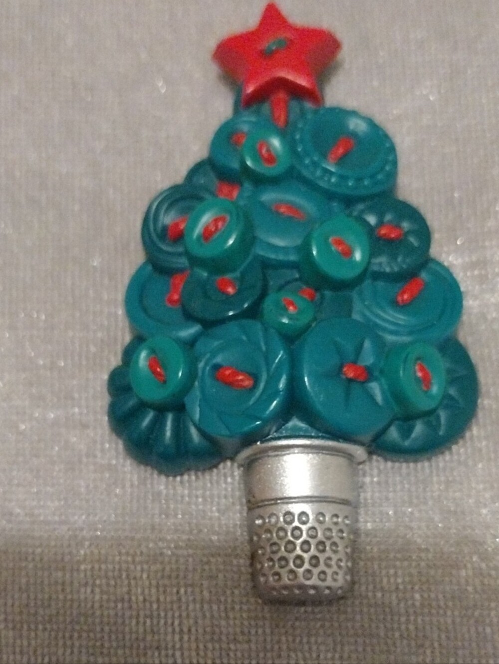Hallmark Teal and Red Button Christmas Tree Brooch